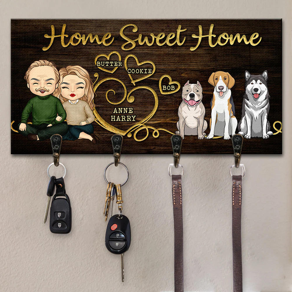 Home Sweet Home Couple & Dogs - Personalized Key Hanger 2 Home Sweet Home Couple & Dogs - Personalized Key Hanger